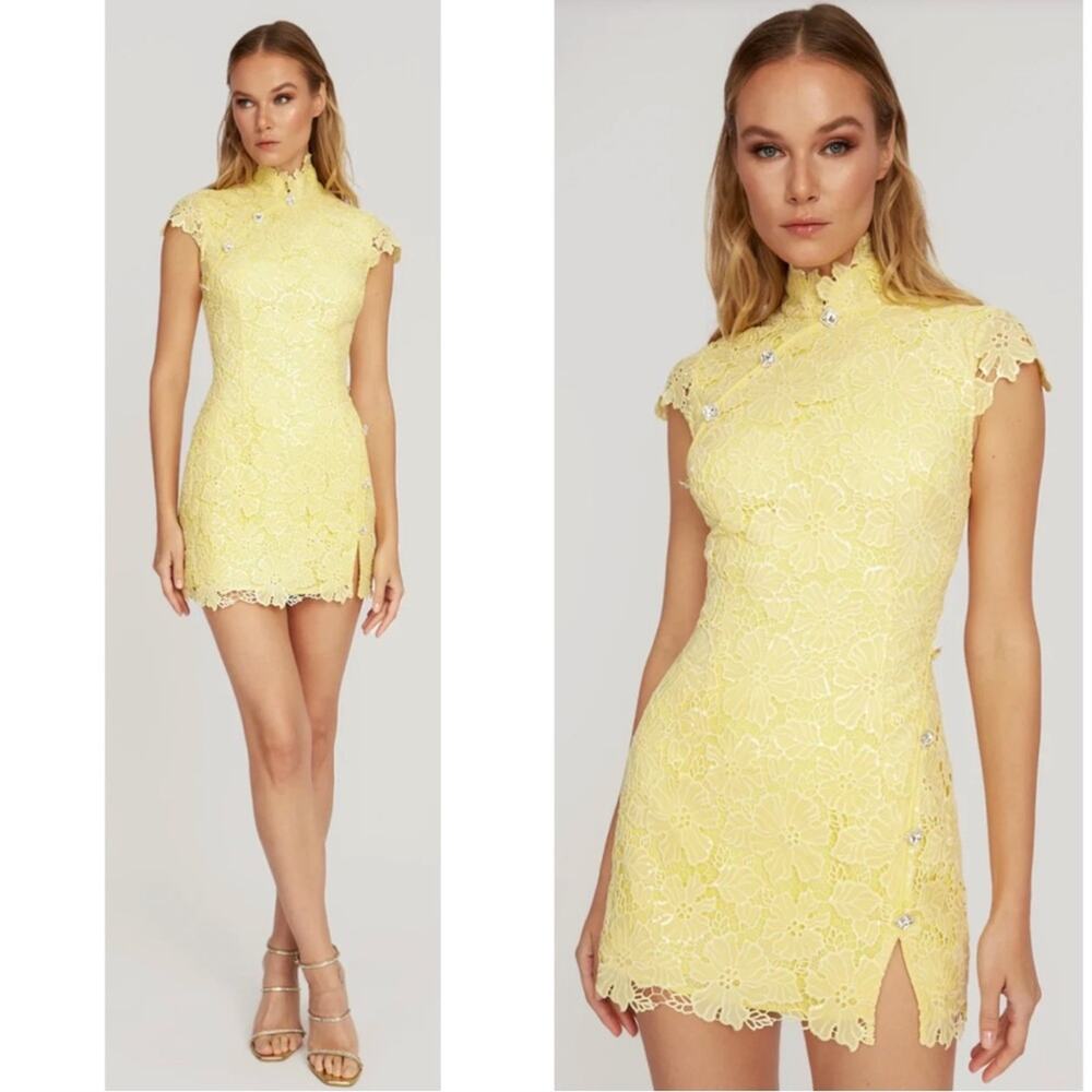 Pre-loved SAU LEE Lemon Yellow Rae Floral Sequin Lace Overlay Mini Dress Size 0